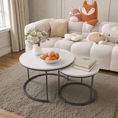 Lufeiya Set of 2 Nesting Round Coffee Tables, Sofa Table, Wood and Metal Side Tables