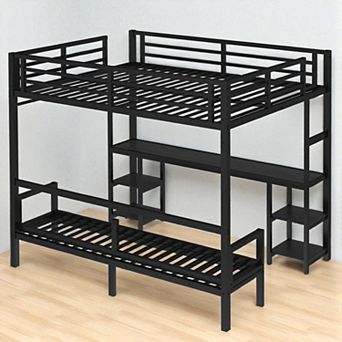 Lufeiya Metal Queen Over Twin XL Bunk Bed with Desk, LED, USB, Foldable Bottom Converts to Sofa
