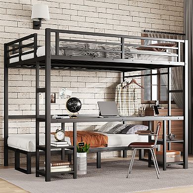 Lufeiya Metal Queen Over Twin XL Bunk Bed with Desk, LED, USB, Foldable Bottom Converts to Sofa