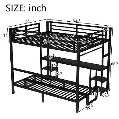 Lufeiya Metal Queen Over Twin XL Bunk Bed with Desk, LED, USB, Foldable Bottom Converts to Sofa