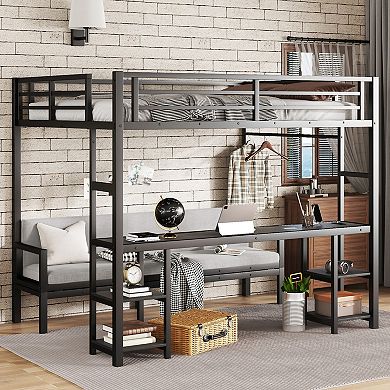 Lufeiya Metal Queen Over Twin XL Bunk Bed with Desk, LED, USB, Foldable Bottom Converts to Sofa