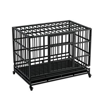 IFMALL Heavy Duty Folding Metal Dog Crate with Wheels Removable Tray