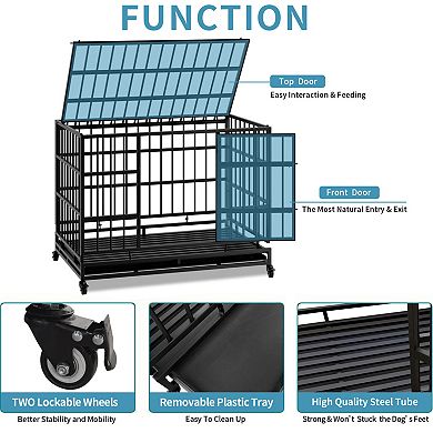 IFMALL Heavy Duty Folding Metal Dog Crate with Wheels Removable Tray