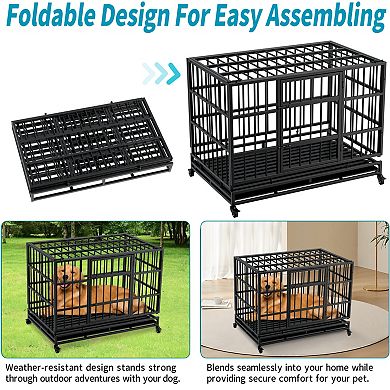 IFMALL Heavy Duty Folding Metal Dog Crate with Wheels Removable Tray