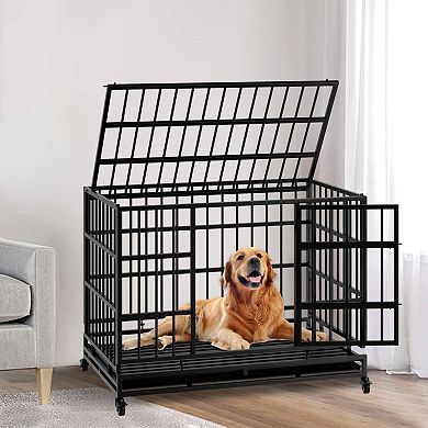 IFMALL Heavy Duty Folding Metal Dog Crate with Wheels Removable Tray