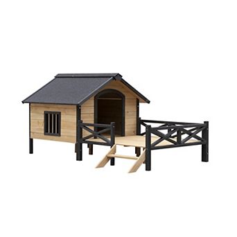IFMALL Outdoor Wooden Dog Kennel House with Covered Front Porch Shelter