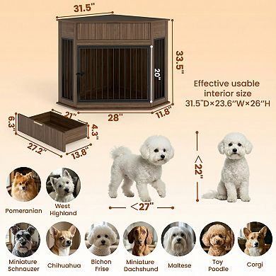 IFMALL Corner Dog Crate Furniture End Table with Fluted Drawer Storage Cabinet