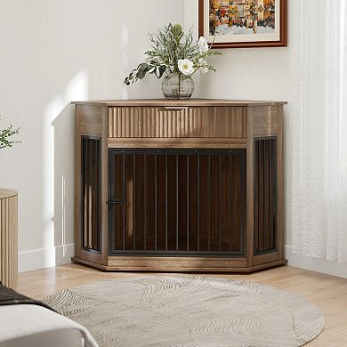 IFMALL Corner Dog Crate Furniture End Table with Fluted Drawer Storage Cabinet