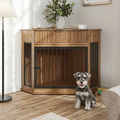 IFMALL Corner Dog Crate Furniture End Table with Fluted Drawer Storage Cabinet