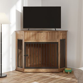 IFMALL Corner Dog Crate Furniture End Table with Fluted Drawer Storage Cabinet
