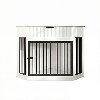 IFMALL Corner Dog Crate Furniture End Table with Fluted Drawer Storage Cabinet