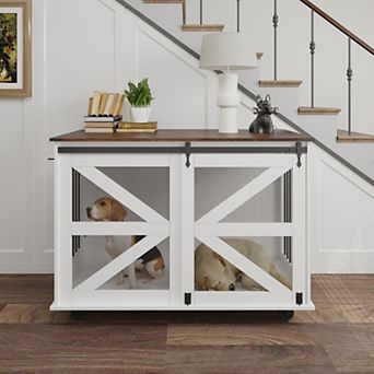 IFMALL Furniture Style Double Pet Kennel with Flip Top Door and Casters