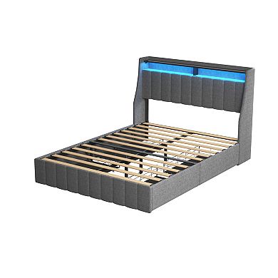 Lufeiya Queen Size Bed Frame with RGB LED Lights, 4 Under-bed Storage Drawers, Wings Headboard