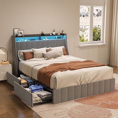 Lufeiya Queen Size Bed Frame with RGB LED Lights, 4 Under-bed Storage Drawers, Wings Headboard