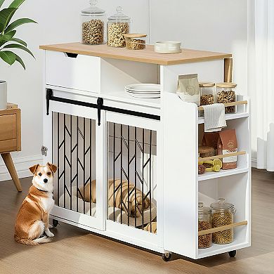 IFMALL Multipurpose Pet Crate End Table with Storage Drawer and Sliding Doors