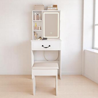 Lufeiya 24" Vanity Table Set with LED Lighted Mirror and Stool,Small Makeup Desk with Storage Shelve