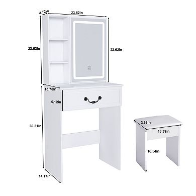 Lufeiya 24" Vanity Table Set with LED Lighted Mirror and Stool,Small Makeup Desk with Storage Shelve