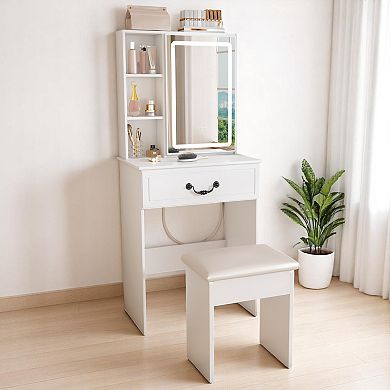 Lufeiya 24" Vanity Table Set with LED Lighted Mirror and Stool,Small Makeup Desk with Storage Shelve