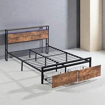 Lufeiya Full Size Metal Platform Bed Frame with Headboard, 2 Drawers, RGB LED,Charging Station
