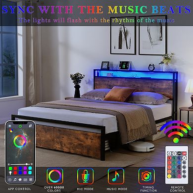 Lufeiya Full Size Metal Platform Bed Frame with Headboard, 2 Drawers, RGB LED,Charging Station