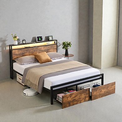 Lufeiya Full Size Metal Platform Bed Frame with Headboard, 2 Drawers, RGB LED,Charging Station