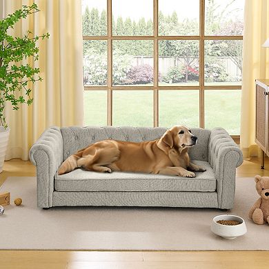 IFMALL Elevated Rectangular Pet Sofa Bed for Large Dogs Comfortable Linen Fabric