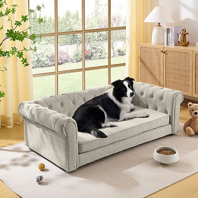 IFMALL Elevated Rectangular Pet Sofa Bed for Large Dogs Comfortable Linen Fabric