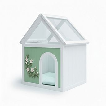IFMALL Indoor Wooden Pet Shelter with Transparent Roof and Floral Carvings