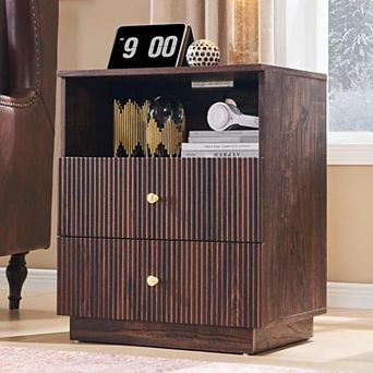 Modern Nightstand with Charging Station, 21.65" Wood End Table with 2 Drawers for Bedroom