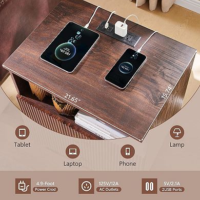 Modern Nightstand with Charging Station, 21.65" Wood End Table with 2 Drawers for Bedroom