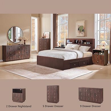 Modern Nightstand with Charging Station, 21.65" Wood End Table with 2 Drawers for Bedroom