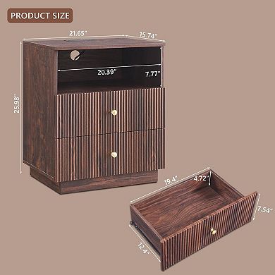 Modern Nightstand with Charging Station, 21.65" Wood End Table with 2 Drawers for Bedroom