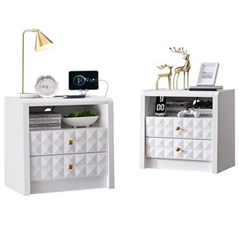2 pc Modern Night stand 3-Drawer Bedside Table Set with Charging Station for Bedroom Living Room