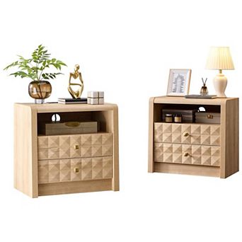 2 pc Modern Night stand 3-Drawer Bedside Table Set with Charging Station