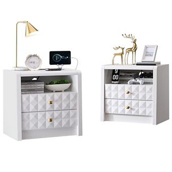 2 pc Modern Night stand 3-Drawer Bedside Table Set with Charging Station