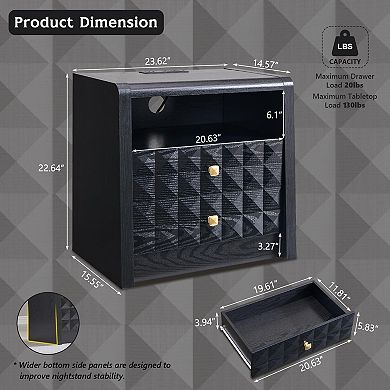Modern 2-Drawer Nightstand with Charging Station and Open Shelf, Diamond Panel Wood Bedside Tables