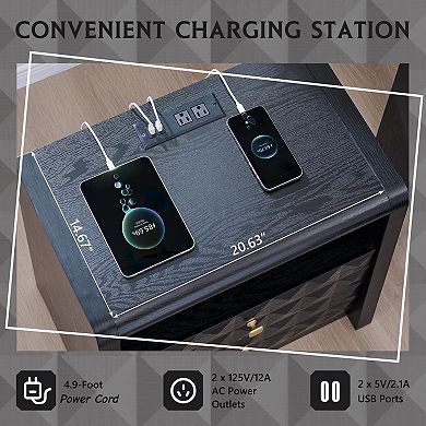 Modern 2-Drawer Nightstand with Charging Station and Open Shelf, Diamond Panel Wood Bedside Tables