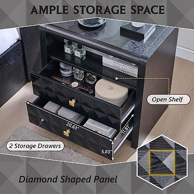 Modern 2-Drawer Nightstand with Charging Station and Open Shelf, Diamond Panel Wood Bedside Tables