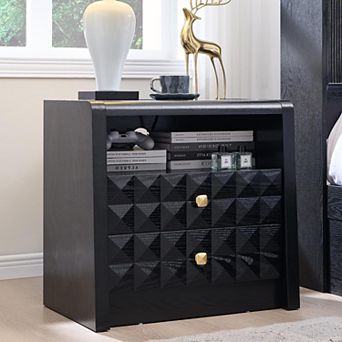 Modern 2-Drawer Nightstand with Charging Station and Open Shelf, Diamond Panel Wood Bedside Tables