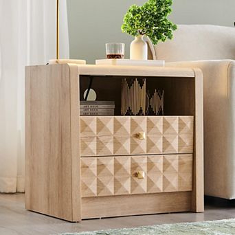 Modern 2-Drawer Nightstand with Charging Station and Open Shelf, Diamond Panel Wood Bedside Tables