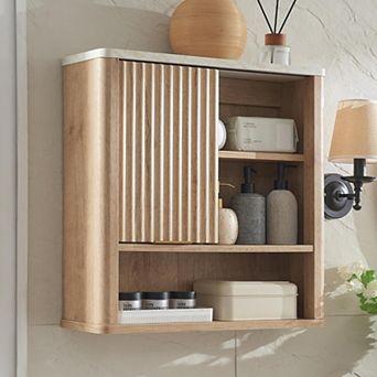 Fluted Bathroom Wall Cabinet, Wooden Medicine Cabinet Organizer with Adjustable Shelf for Bathroom