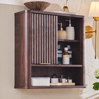 Fluted Bathroom Wall Cabinet, Wooden Medicine Cabinet Organizer with Adjustable Shelf for Bathroom
