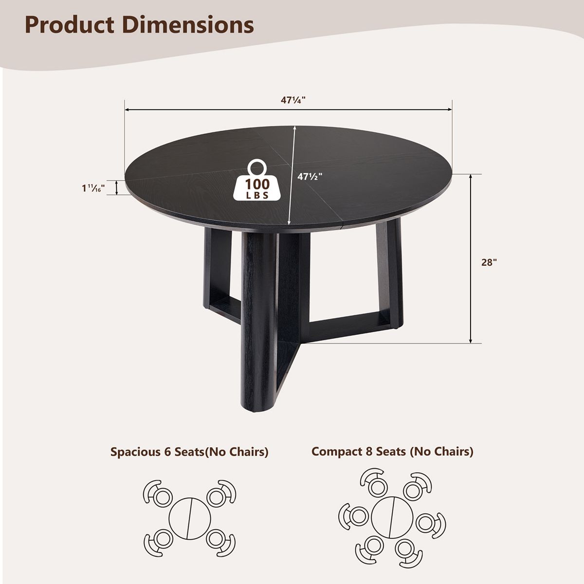 Diagram of product dimensions for a round dining table