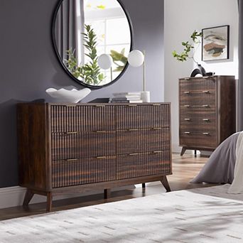Fluted 6-Drawer Tall Dresser, 54" Wide Curved Storage Cabinet for Bedroom Living Room