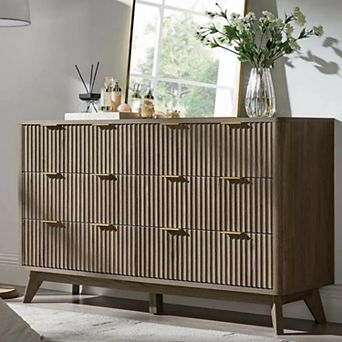 Fluted 6-Drawer Tall Dresser, 54" Wide Curved Storage Cabinet for Bedroom Living Room