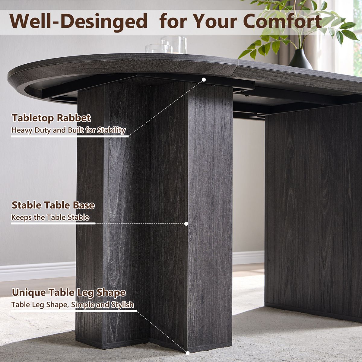 Underside view of oval dining table with T-shaped base