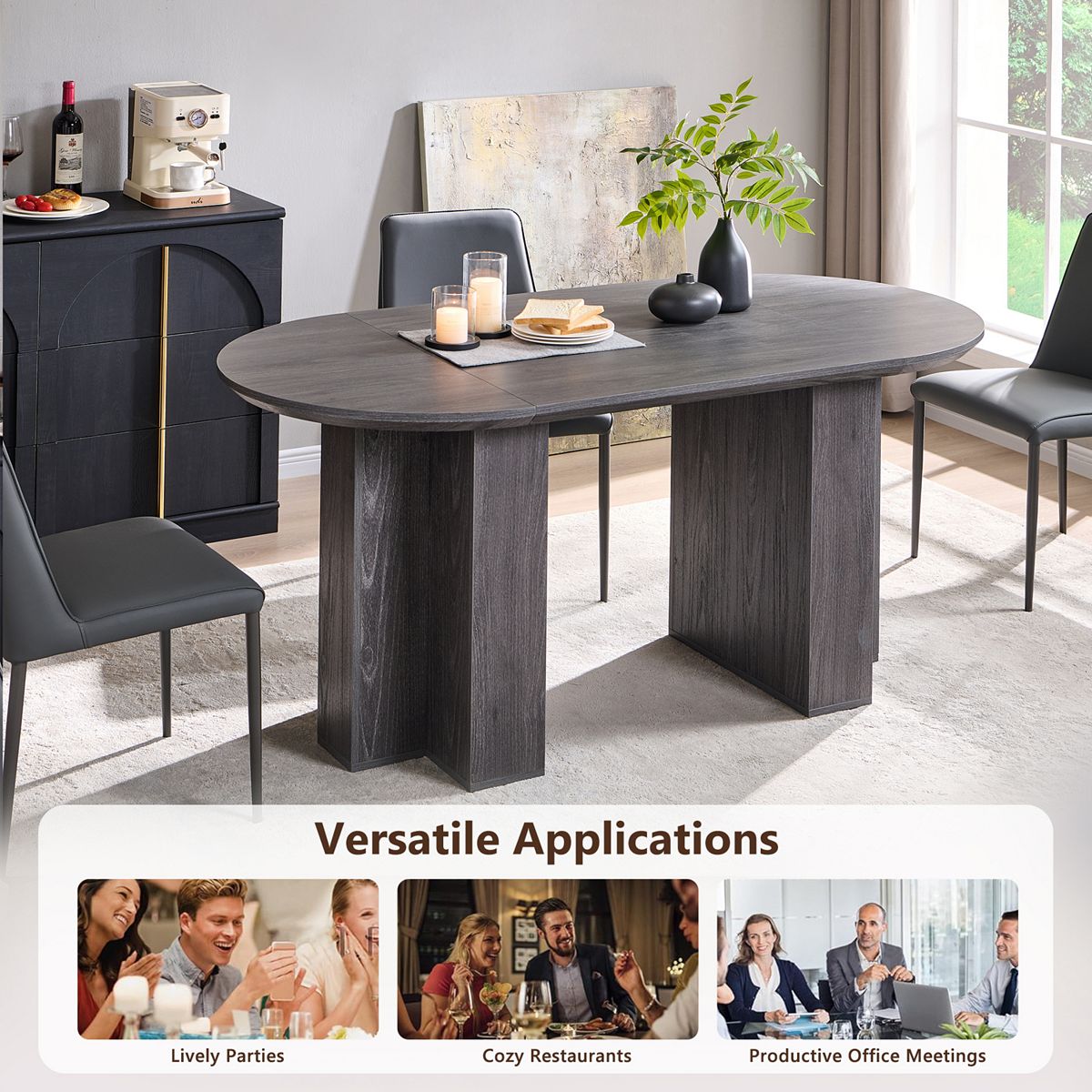 Oval dining table in versatile settings