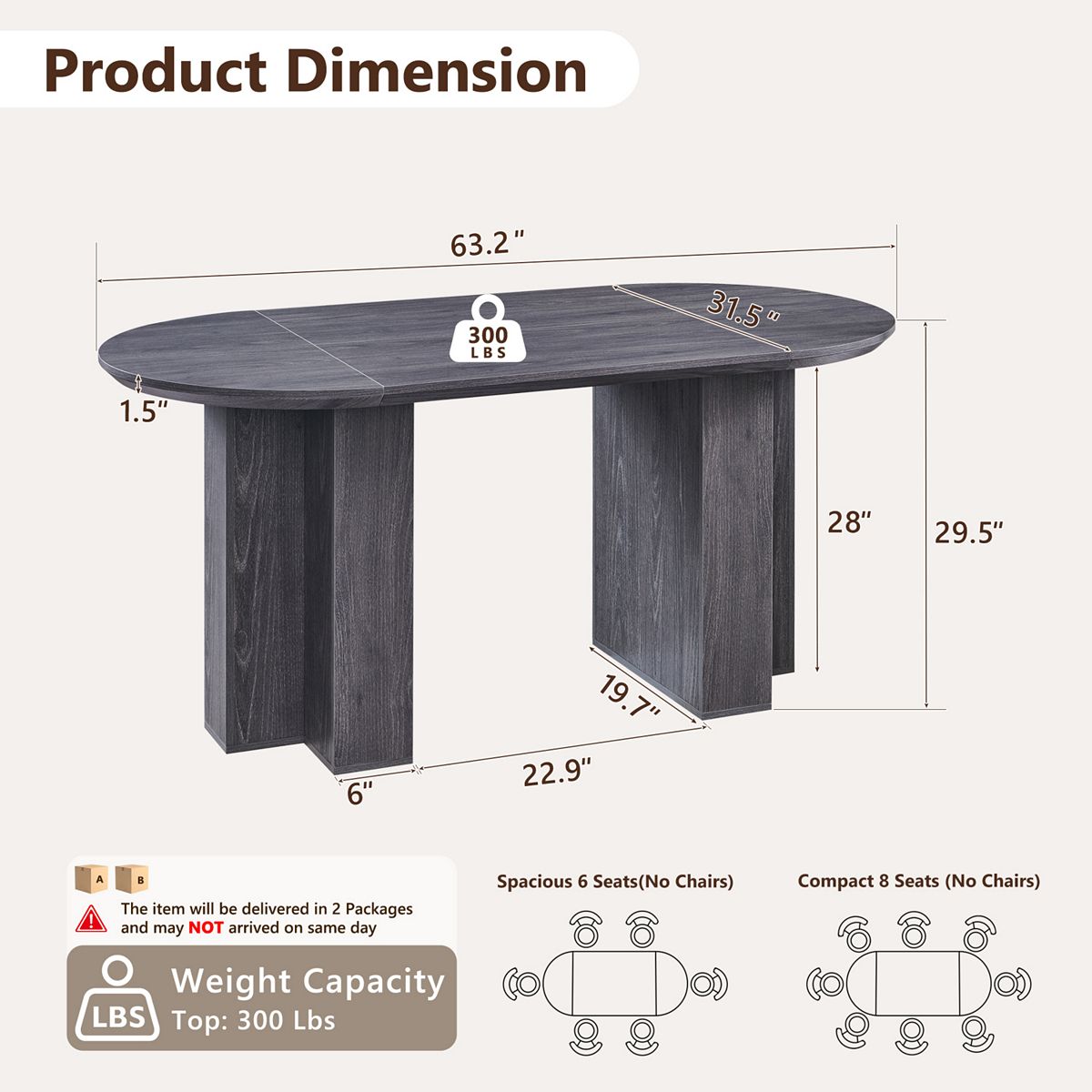 Product dimension diagram for 63" oval dining table