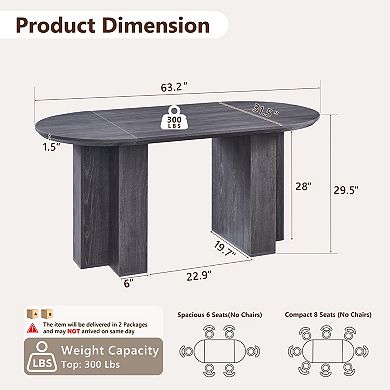63" Oval Dining Table for 46, Modern Wood Kitchen Table with T-Shaped Base for Dining Room
