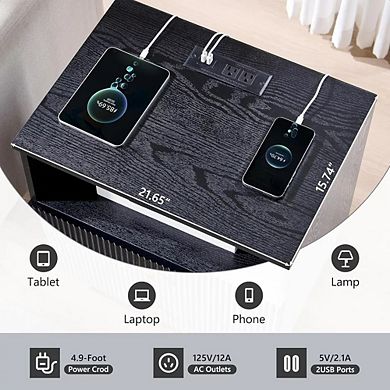 Modern Nightstand with Charging Station, 21.65" Wood End Table with 2 Drawers for Bedroom